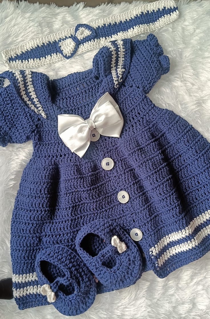 Crochet Sailer Baby Girl Dress Set