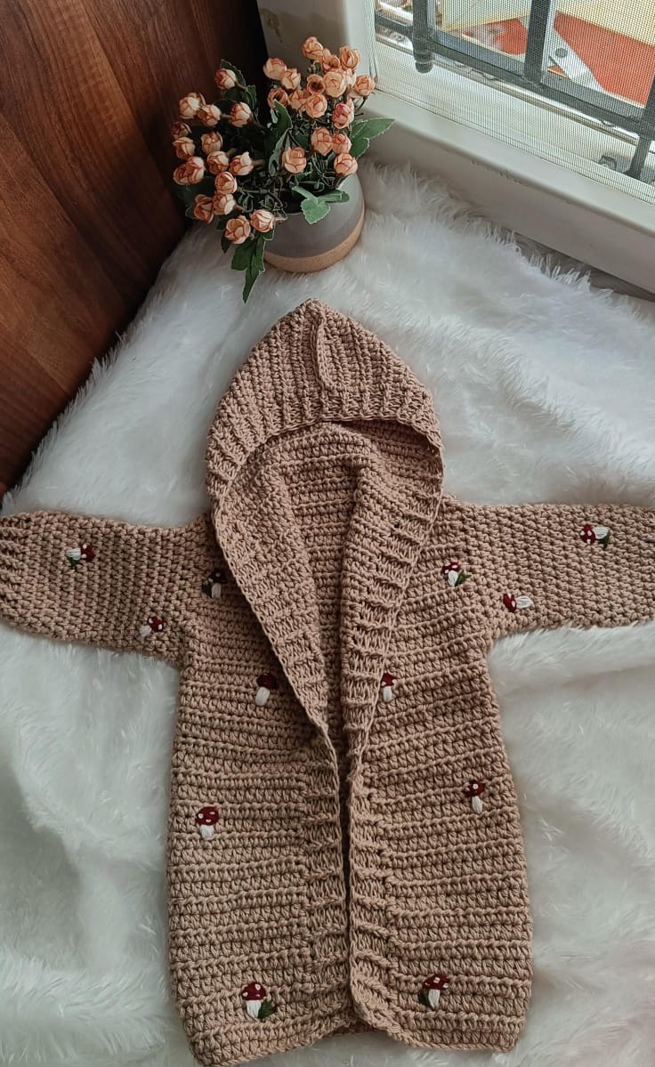 Crochet Unisex Hoodie Cardigan With Mushroom Embroidery