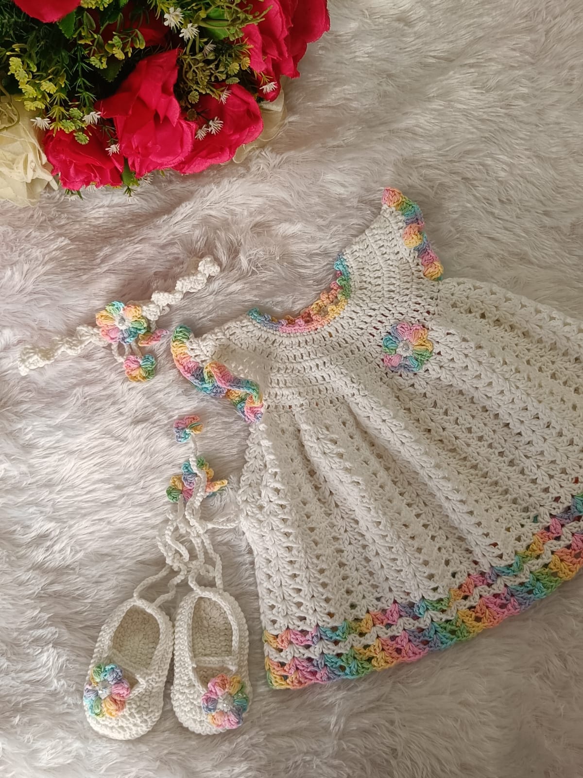 Crochet Baby Girl Rainbow Floral Dress Set